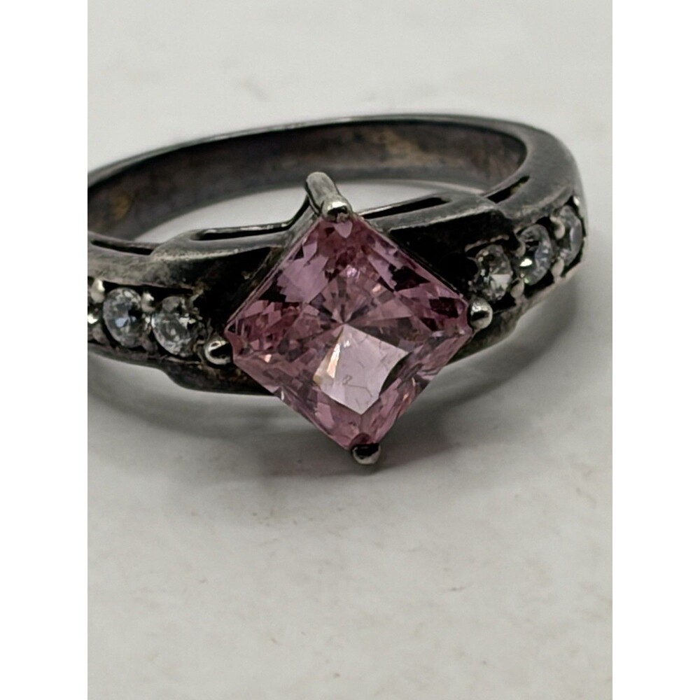 Vintage Pink Princess Cut CZ Ring Sterling Silver Size 7. 925